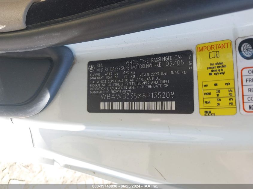 2008 BMW 328I VIN: WBAWB335X8P135208 Lot: 39740890