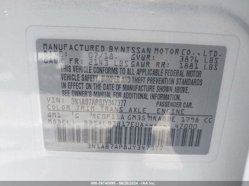 2018 Nissan Sentra Sv VIN: 3N1AB7AP8JY347377 Lot: 39740895