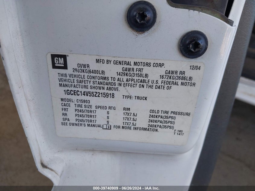 2005 Chevrolet Silverado 1500 Work Truck VIN: 1GCEC14V55Z215918 Lot: 39740909
