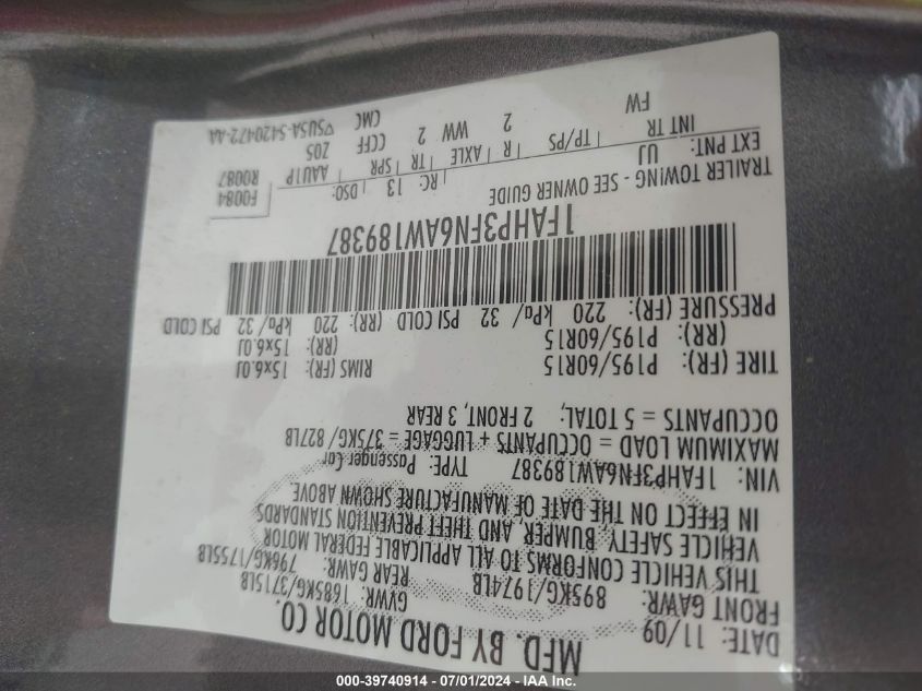 2010 Ford Focus Se VIN: 1FAHP3FN6AW189387 Lot: 39740914