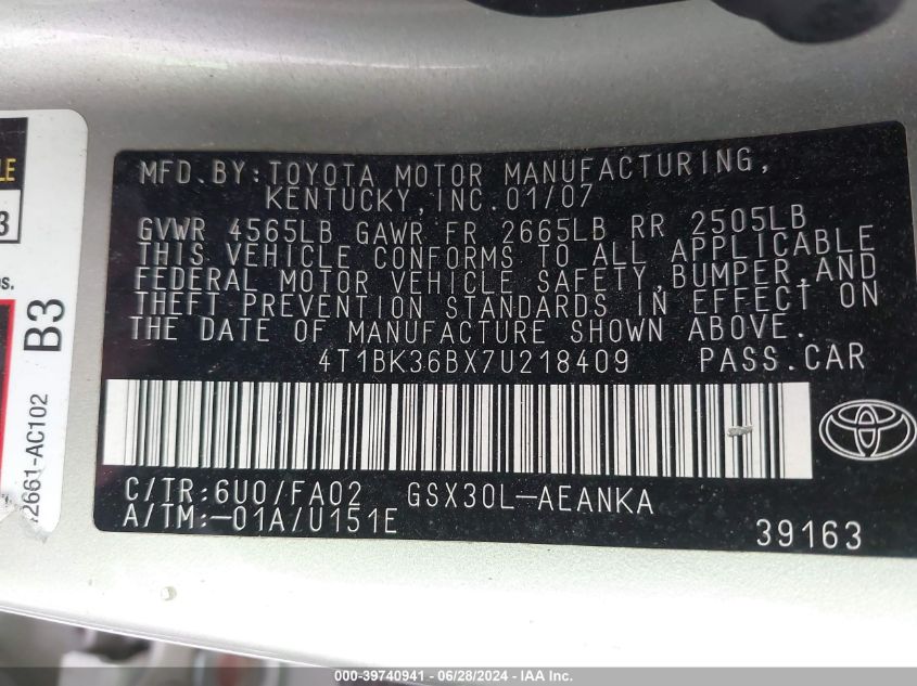 2007 Toyota Avalon Xl VIN: 4T1BK36BX7U218409 Lot: 39740941