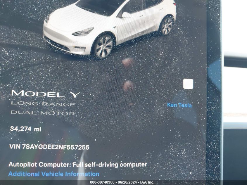 7SAYGDEE2NF557255 2022 Tesla Model Y