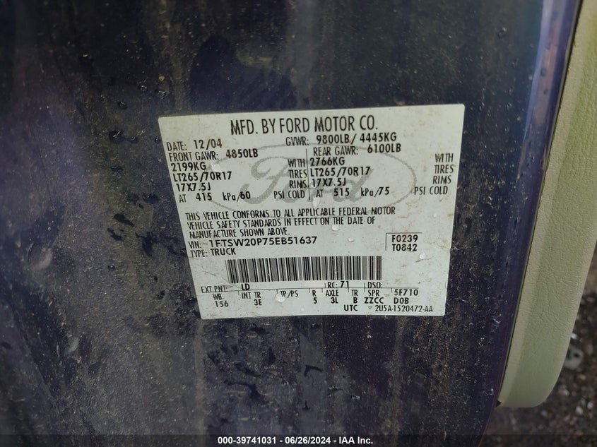 2005 Ford F-250 Lariat/Xl/Xlt VIN: 1FTSW20P75EB51637 Lot: 39741031