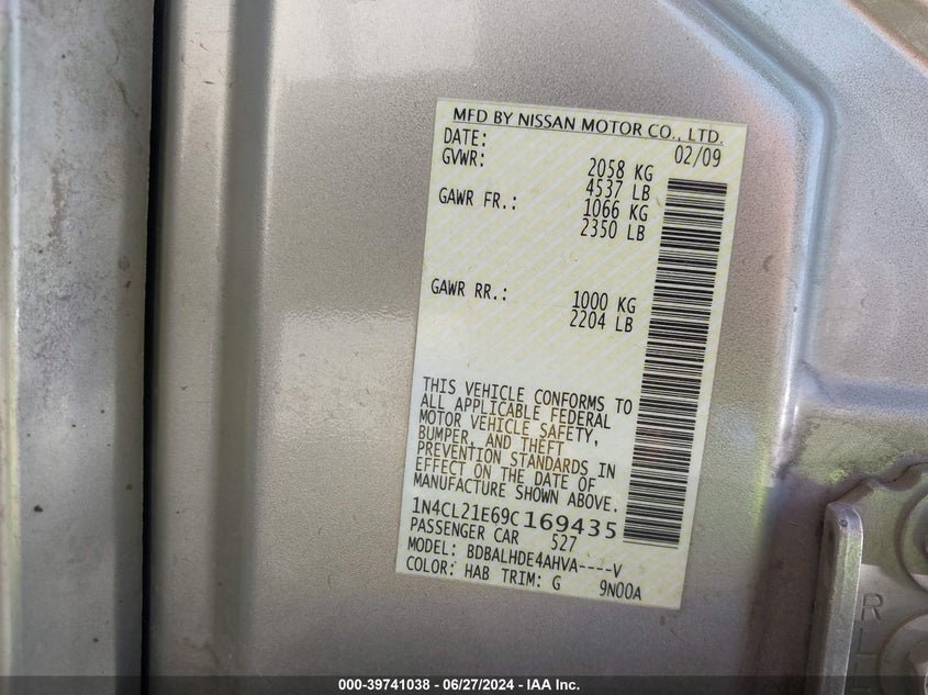 2009 Nissan Altima Hybrid VIN: 1N4CL21E69C169435 Lot: 39741038