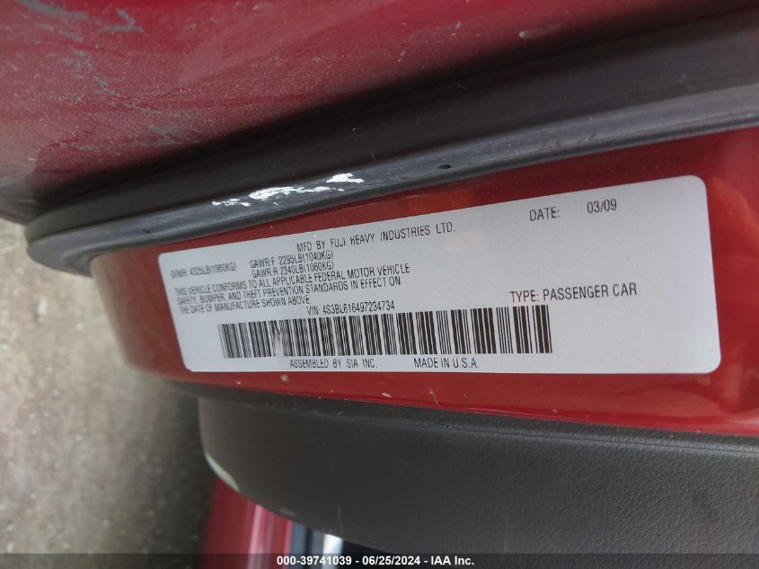 2009 Subaru Legacy 2.5I VIN: 4S3BL616497234734 Lot: 39741039