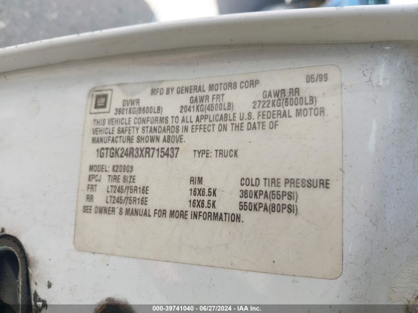 1999 GMC Sierra K2500 VIN: 1GTGK24R3XR715437 Lot: 39741040