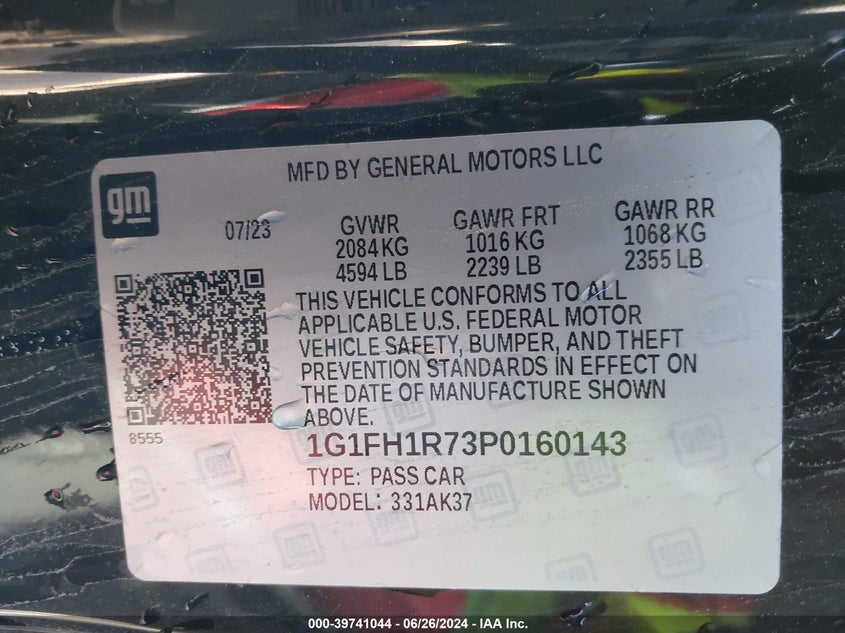 2023 Chevrolet Camaro Ss VIN: 1G1FH1R73P0160143 Lot: 39741044