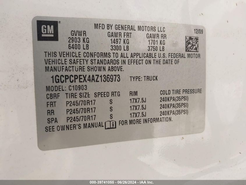 2010 Chevrolet Silverado 1500 Work Truck VIN: 1GCPCPEX4AZ136973 Lot: 39741055