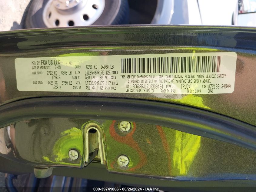 2018 Ram 3500 Laramie 4X4 8' Box VIN: 3C63RRJL7JG330464 Lot: 39741066