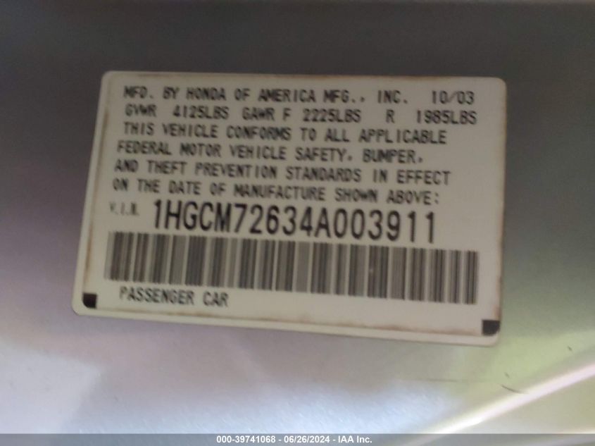 2004 Honda Accord 2.4 Ex VIN: 1HGCM72634A003911 Lot: 39741068