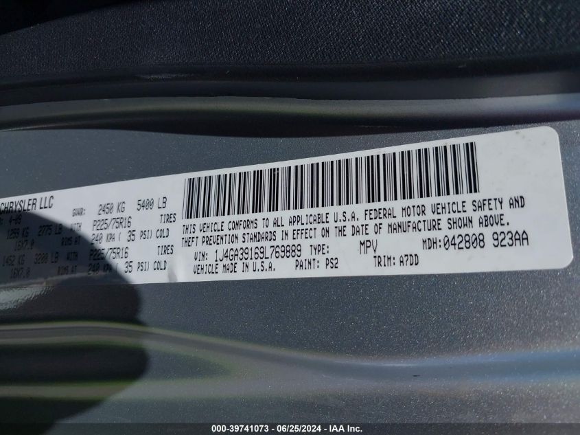 2009 Jeep Wrangler Unlimited X VIN: 1J4GA39169L769889 Lot: 39741073