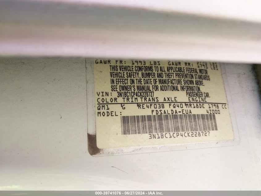 2012 Nissan Versa 1.8 S VIN: 3N1BC1CP4CK228727 Lot: 39741076