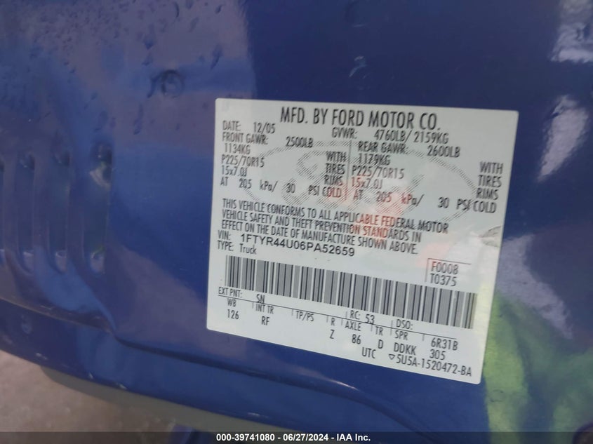 2006 Ford Ranger Sport/Stx/Xlt VIN: 1FTYR44U06PA52659 Lot: 39741080