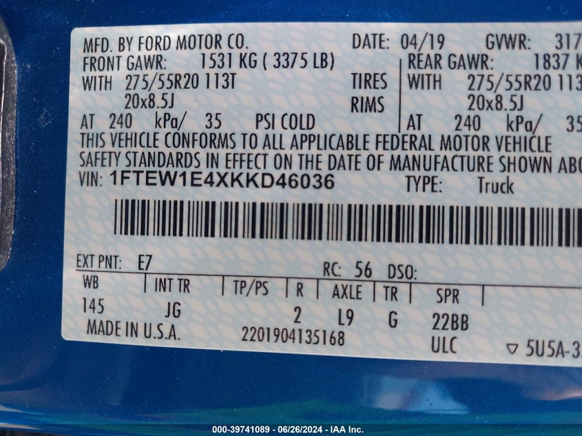 2019 FORD F-150 XL - 1FTEW1E4XKKD46036