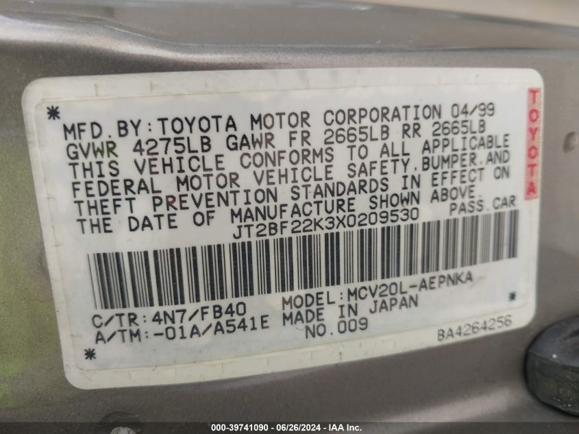 1999 Toyota Camry Le/Xle VIN: JT2BF22K3X0209530 Lot: 39741090