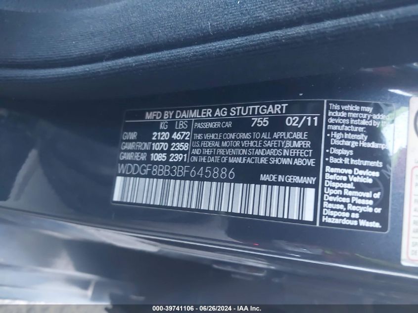 2011 Mercedes-Benz C 300 4Matic VIN: WDDGF8BB3BF645886 Lot: 39741106