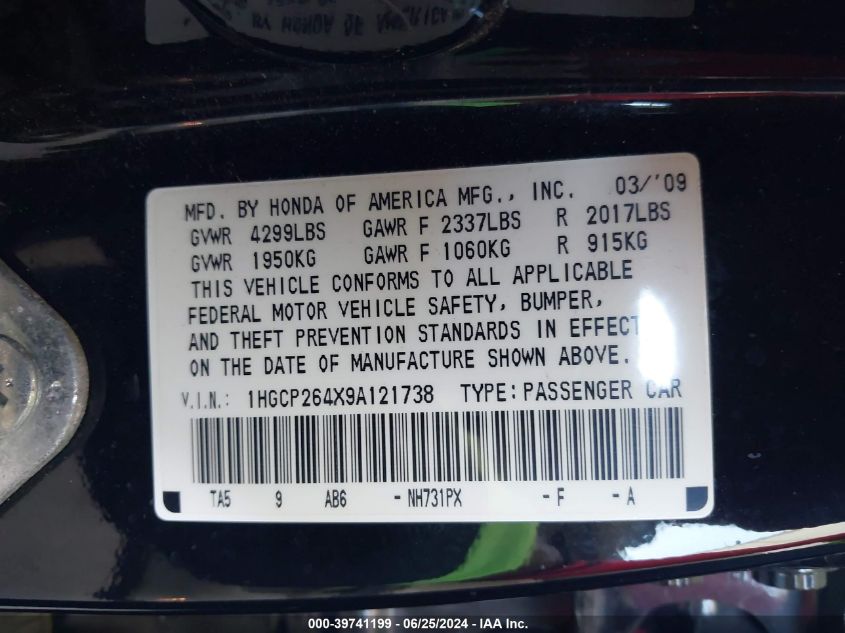 2009 Honda Accord 2.4 Lx-P VIN: 1HGCP264X9A121738 Lot: 39741199