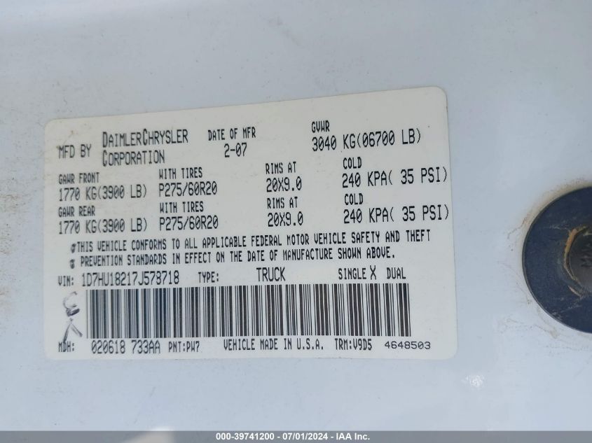 2007 Dodge Ram 1500 Slt/Trx4 Off Road/Sport VIN: 1D7HU18217J578718 Lot: 39741200