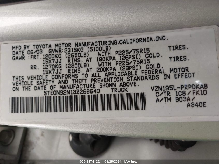 2003 Toyota Tacoma Prerunner V6 VIN: 5TEGN92N13Z268640 Lot: 39741224