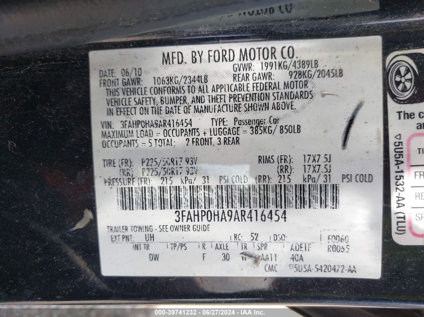 2010 Ford Fusion Se VIN: 3FAHP0HA9AR416454 Lot: 39741232