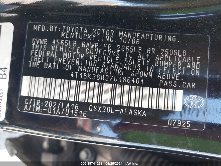 2007 Toyota Avalon Xl/Xls/Touring/Limited VIN: 4T1BK36B37U186404 Lot: 39741236