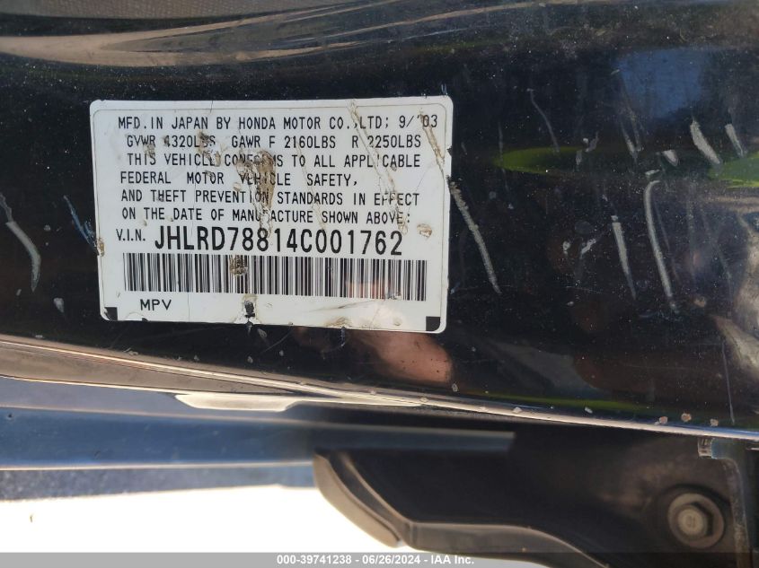 2004 Honda Cr-V Ex VIN: JHLRD78814C001762 Lot: 39741238