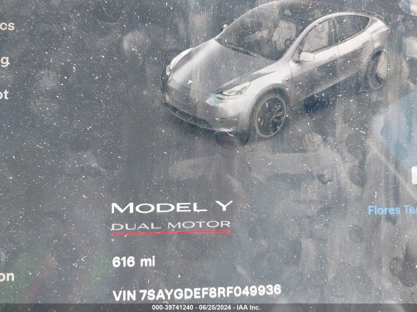 2024 Tesla Model Y Performance Dual Motor All-Wheel Drive VIN: 7SAYGDEF8RF049936 Lot: 39741240