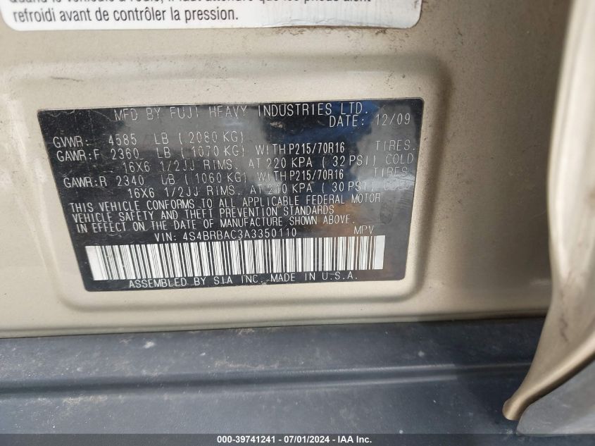 2010 Subaru Outback 2.5I VIN: 4S4BRBAC3A3350110 Lot: 39741241