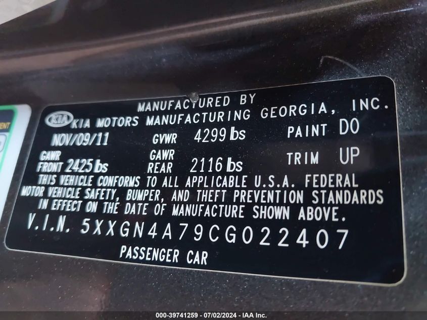 2012 Kia Optima Ex VIN: 5XXGN4A79CG022407 Lot: 39741259