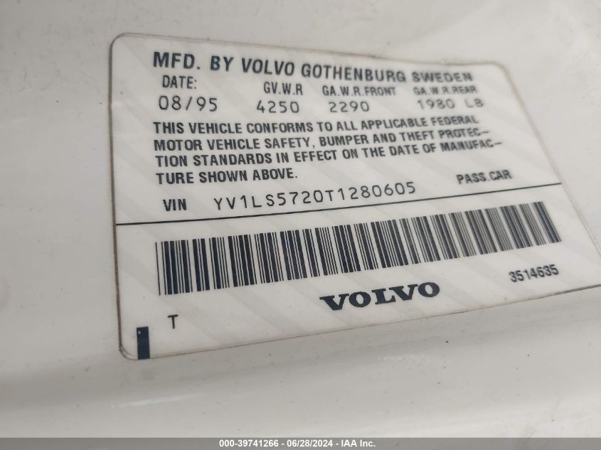 1996 Volvo 850 VIN: YV1LS5720T1280605 Lot: 39741266