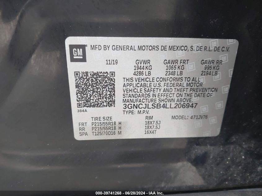 2020 Chevrolet Trax Fwd Lt VIN: 3GNCJLSB4LL206947 Lot: 39741268