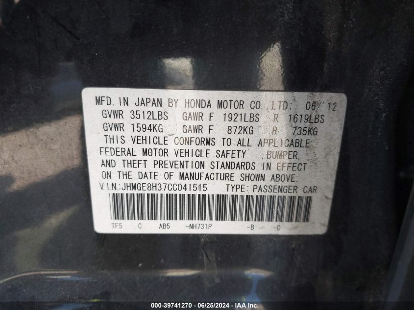 2012 Honda Fit VIN: JHMGE8H37CC041515 Lot: 39741270