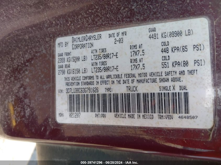 2003 Dodge Ram 3500 St/Slt VIN: 3D7LU38C63G791626 Lot: 39741296