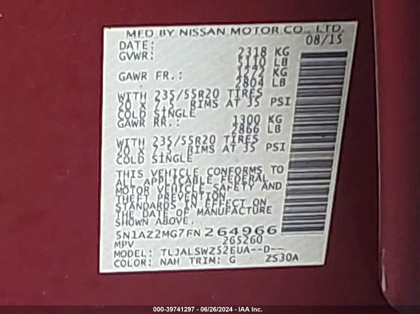 2015 Nissan Murano S/Sl/Sv/Platinum VIN: 5N1AZ2MG7FN264966 Lot: 39741297