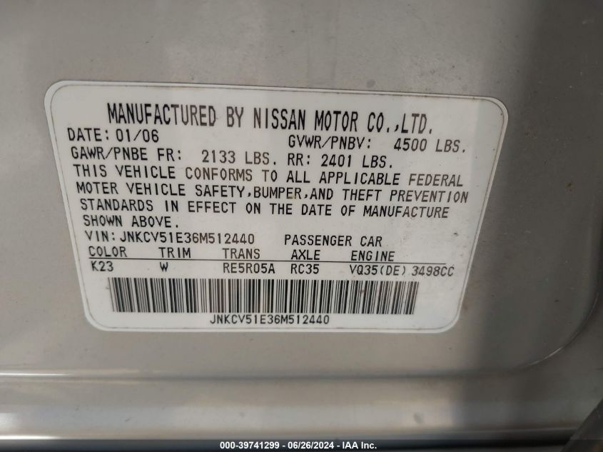 2006 Infiniti G35 VIN: JNKCV51E36M512440 Lot: 39741299