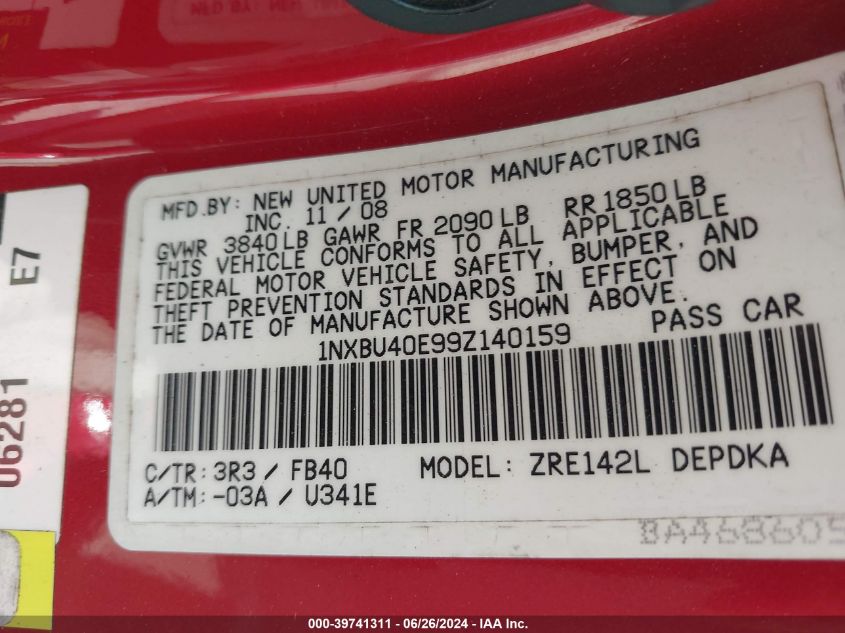 2009 Toyota Corolla S/Le/Xle VIN: 1NXBU40E99Z140159 Lot: 39741311