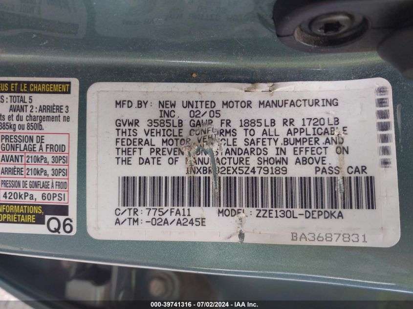 2005 Toyota Corolla Ce VIN: 1NXBR32EX5Z479189 Lot: 39741316