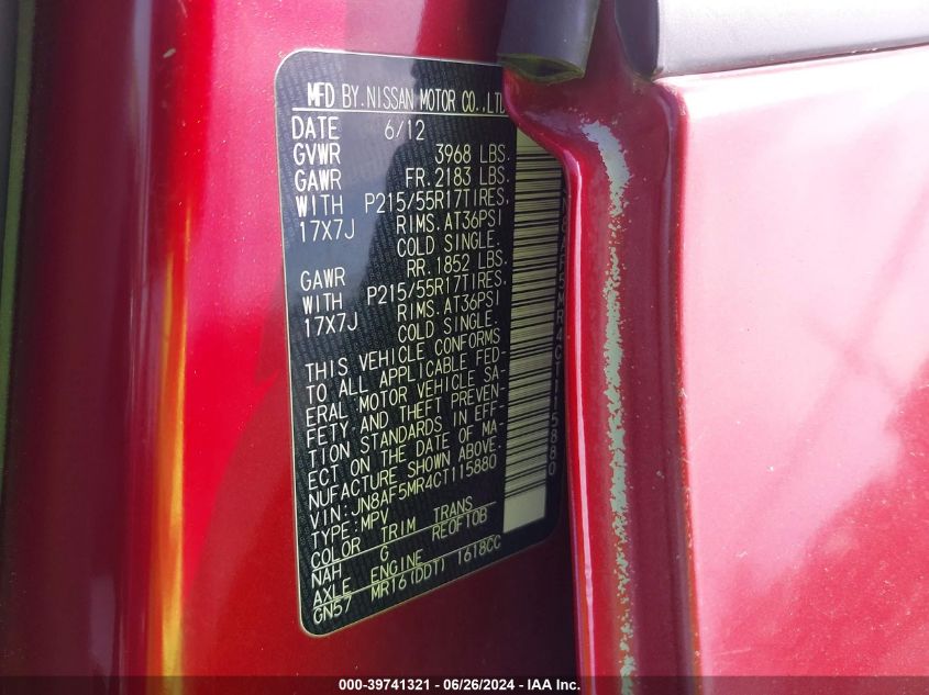 2012 Nissan Juke S VIN: JN8AF5MR4CT115880 Lot: 39741321