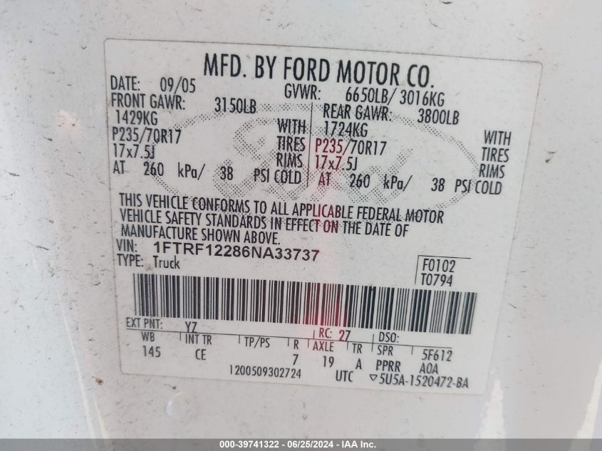 2006 Ford F-150 Stx/Xl/Xlt VIN: 1FTRF12286NA33737 Lot: 39741322