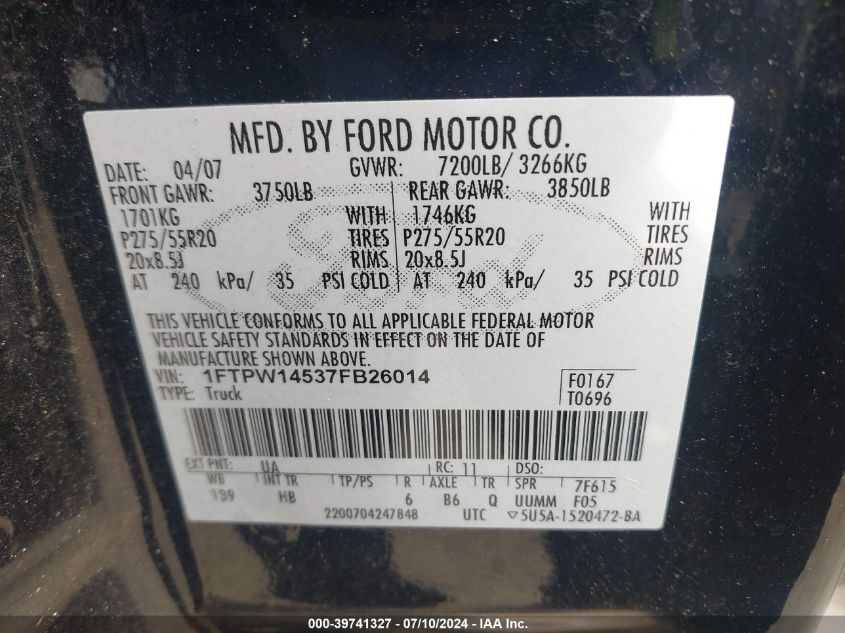 2007 Ford F-150 Fx4/Lariat/Xlt VIN: 1FTPW14537FB26014 Lot: 39741327