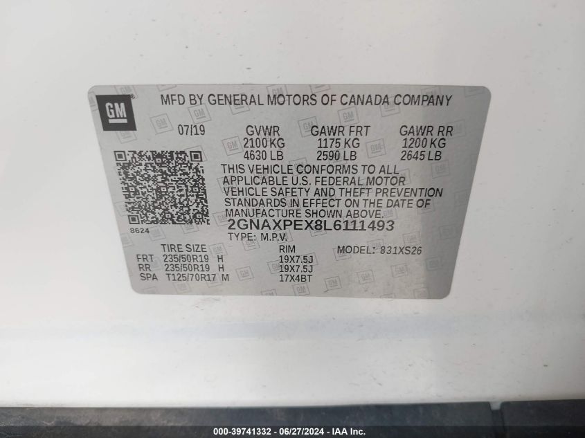 2020 Chevrolet Equinox Fwd Premier 2.0L Turbo VIN: 2GNAXPEX8L6111493 Lot: 39741332