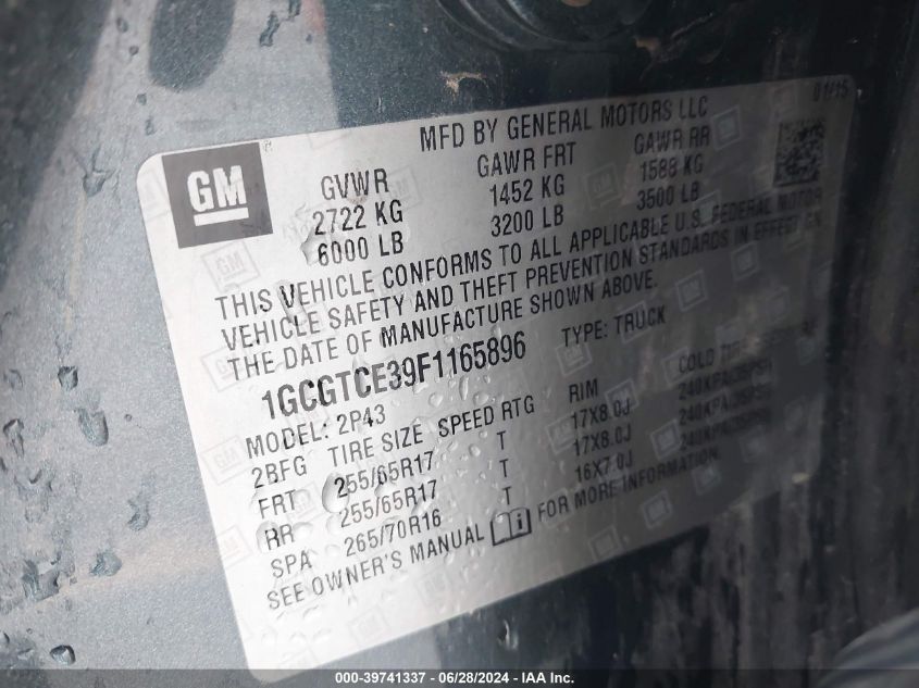 2015 Chevrolet Colorado Z71 VIN: 1GCGTCE39F1165896 Lot: 39741337