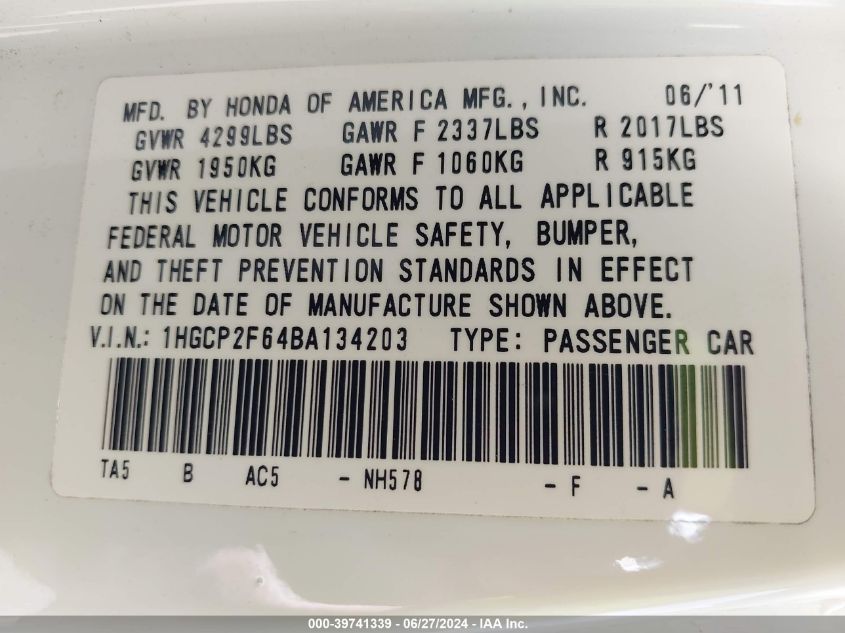 2011 Honda Accord 2.4 Se VIN: 1HGCP2F64BA134203 Lot: 39741339