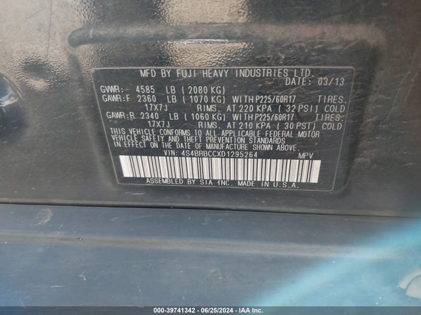 2013 Subaru Outback 2.5I Premium VIN: 4S4BRBCCXD1295264 Lot: 39741342