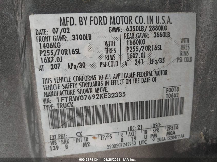 2002 Ford F-150 King Ranch/Lariat/Xlt VIN: 1FTRW07692KE32335 Lot: 39741344