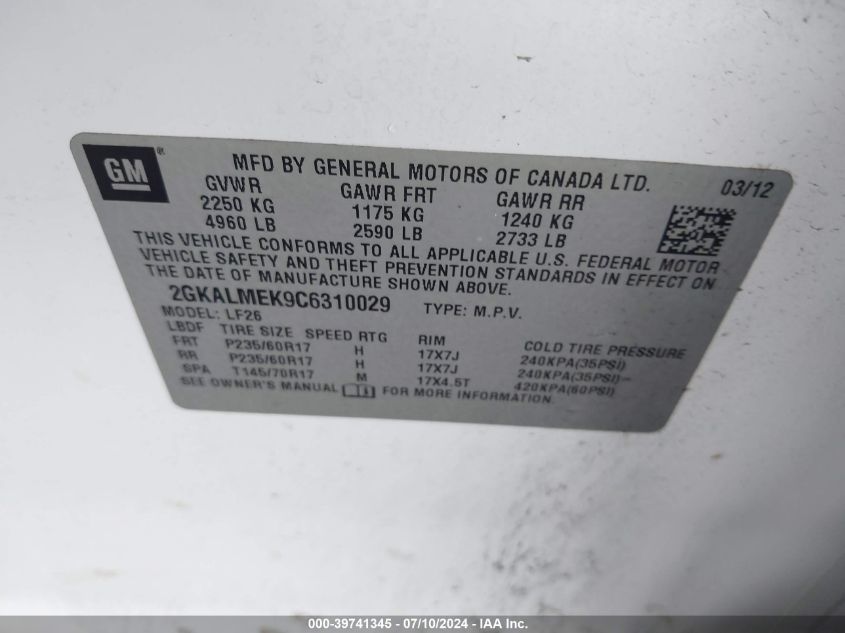 2012 GMC Terrain Sle-1 VIN: 2GKALMEK9C6310029 Lot: 39741345