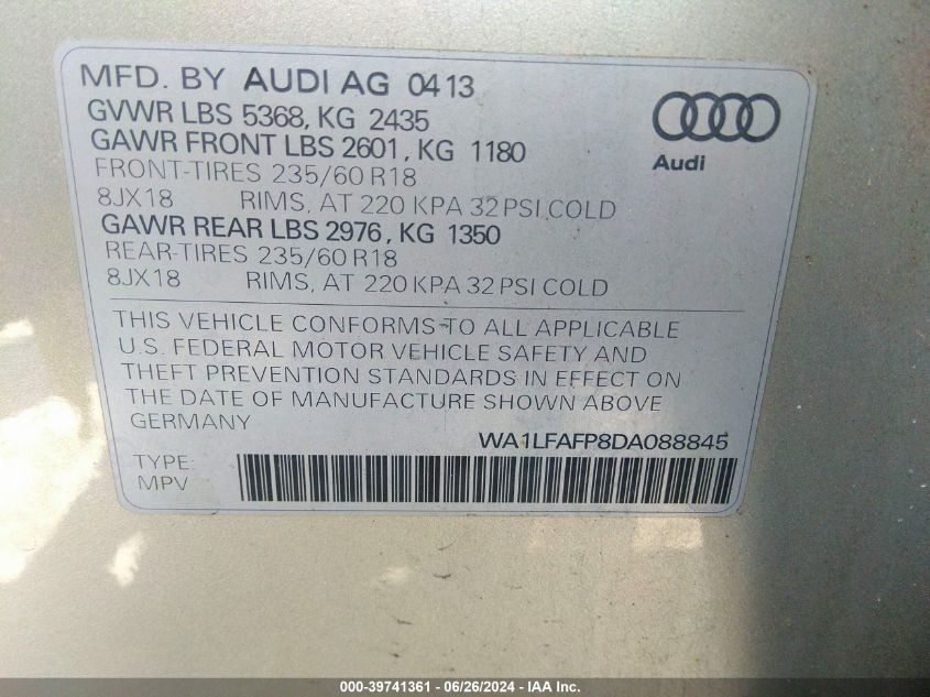 2013 Audi Q5 2.0T Premium VIN: WA1LFAFP8DA088845 Lot: 39741361