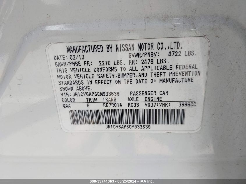 2012 Infiniti G37 Journey VIN: JN1CV6AP6CM933639 Lot: 39741363