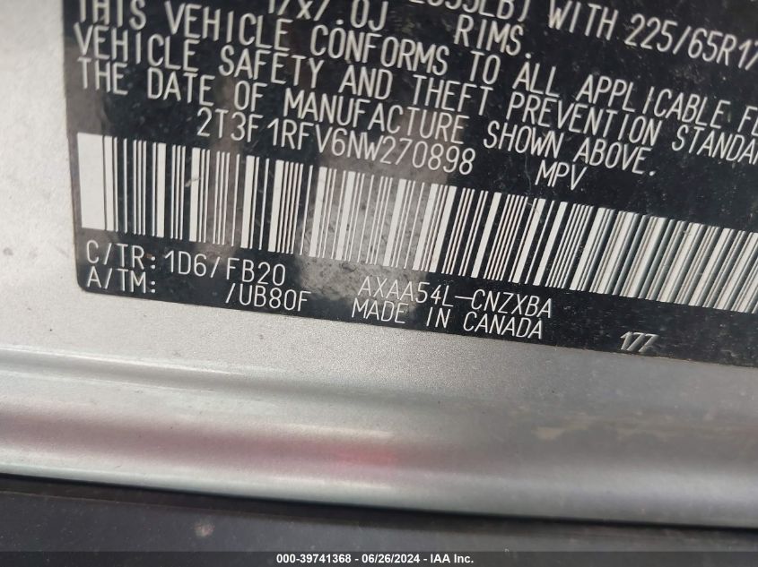 2022 Toyota Rav4 Le VIN: 2T3F1RFV6NW270898 Lot: 39741368