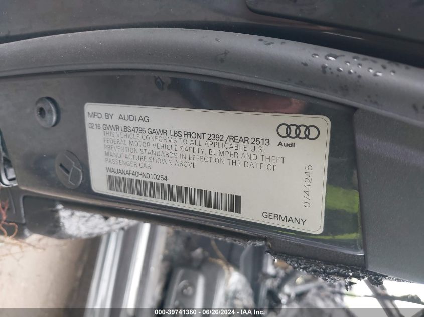 2017 Audi A4 2.0T Premium VIN: WAUANAF40HN010254 Lot: 39741380